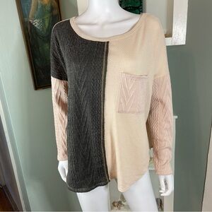 BiBi Colorblock Long Sleeve Top waffle thermal textured oversized shirt blouse S